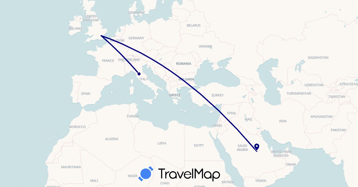 TravelMap itinerary: driving in United Kingdom, Italy, Saudi Arabia (Asia, Europe)
